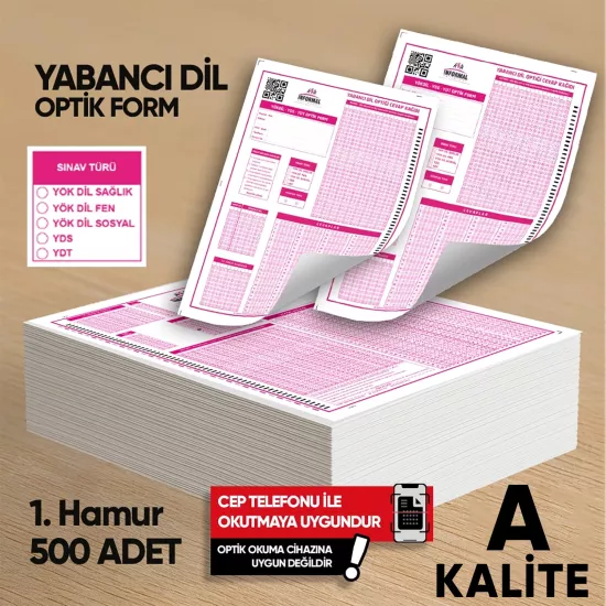 Yabancı Dil (YÖKDİL, YDS ve YDT) Deneme Sınavları İçin 500 Adet Optik Form
