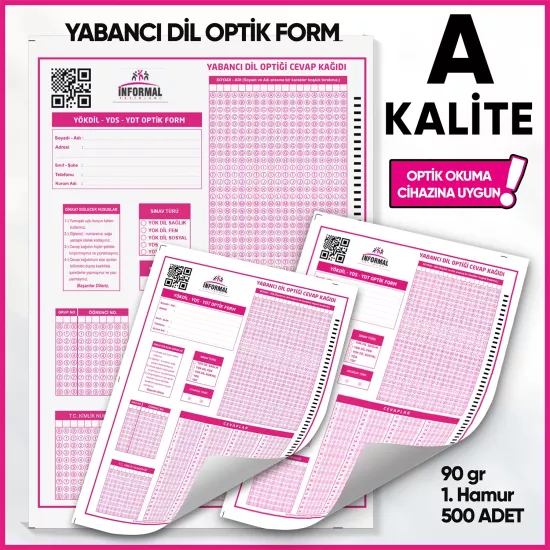 Yabancı Dil (YÖKDİL, YDS ve YDT) Deneme Sınavları İçin 500 Adet (90.GR) Optik Form - Optik Okuma Uyumlu