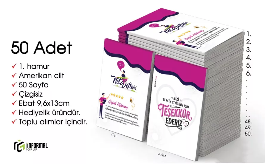 En güzel Hediye İnformal 50 Adet Çizgisiz Mini Not Defteri 9x13 cm 1.Hamur Amerikan Cilt 50 Sayfa