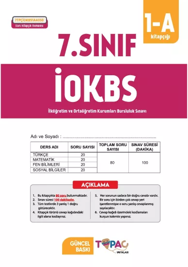 2026 7.Sınıf Topaç Yayınları ÖZGÜN İOKBS-BURSLULUK 6lı Deneme Paketi Dijital Çözümlü Türkiye Geneli