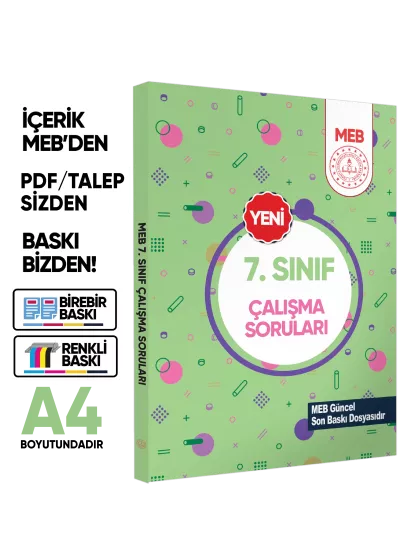 7.Sınıf MEB Tüm Dersler Çalışma Soruları Soru Bankası (Renkli Baskı A4 Boyut) BASKI ÜCRETİ