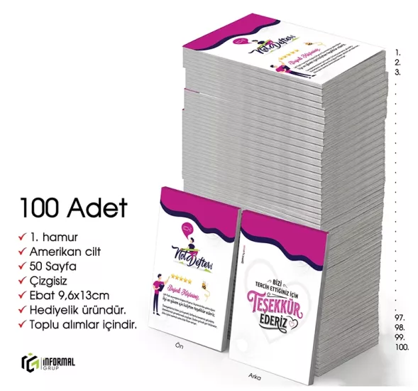 En güzel Hediye İnformal 100 Adet Çizgisiz Mini Not Defteri 9x13 cm 1.Hamur Amerikan Cilt 50 Sayfa