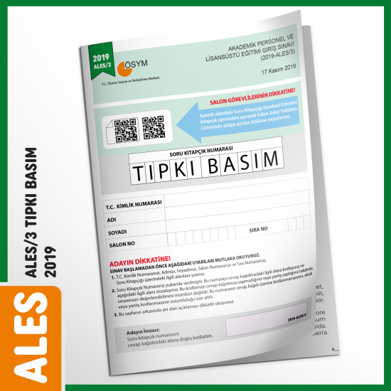 ALES 2019/3 Kasım ÖSYM Tıpkı Basım Çıkmış Soru Türkiye Geneli Dijital Çözümlü Deneme Kitapçığı