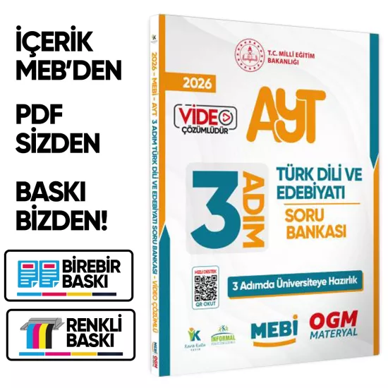 2026 AYT MEBİ-OGM 3 ADIM Türk Dili Edebiyatı Soru Bankası A4 Boyut Video Çözüm BASKI ÜCRETİ