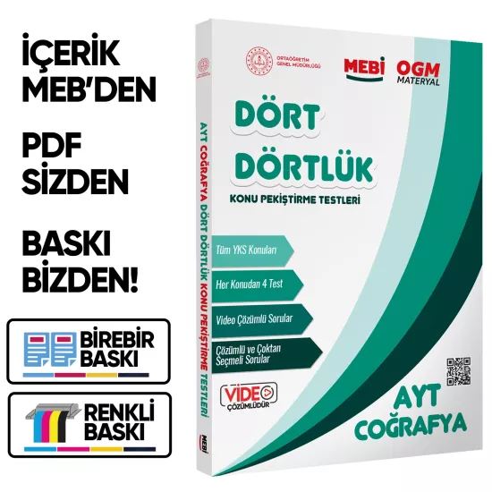 2026 YKS-AYT MEBİ-OGM Dört Dörtlük Coğrafya Pekiştirme Testi A4 Renkli Soru Bankası BASKI ÜCRETİ