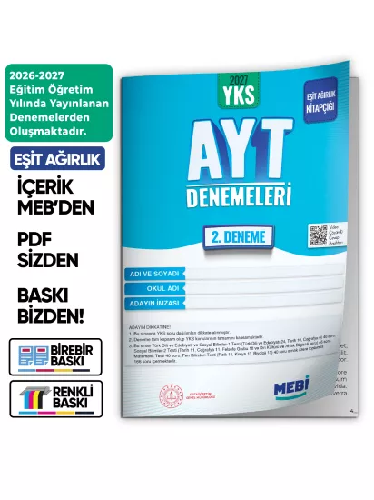 2027 YKS-AYT EŞİT AĞIRLIK MEBİ ONLİNE Türkiye Geneli 2. Deneme Büyük Boy Renkli BASKI ÜCRETİ