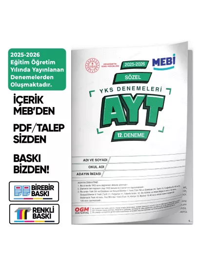 2026 YKS-AYT SÖZEL MEBİ ONLİNE Türkiye Geneli 12. Deneme Büyük Boy RENKLİ BASKI ÜCRETİ Güncel Baskı