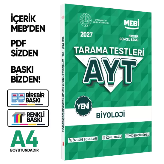 2026 YKS-AYT MEBİ-OGM Biyoloji Özgün Tarama Testleri Kitabı A4 Boyut Renkli Görsel BASKI ÜCRETİ
