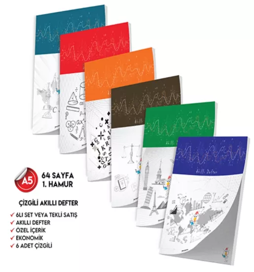 Çizgili Not Defteri 64 Sayfa Akıllı Defter Seti 6lı A5 Tam Beyaz