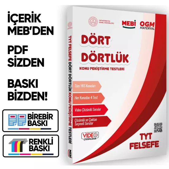 2026 YKS-TYT MEBİ-OGM Dört Dörtlük Felsefe Pekiştirme Testi Renkli Soru Bankası BASKI ÜCRETİ