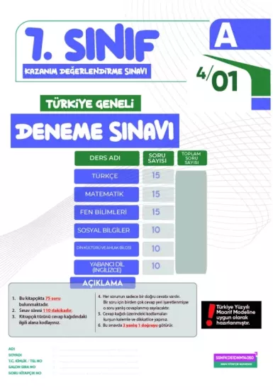 2027 7.Sınıf KDS (Konu Değerlendirme Sınavı) Sarmal Deneme Seti 4lü Türkiye Geneli Dijital Çözümlü