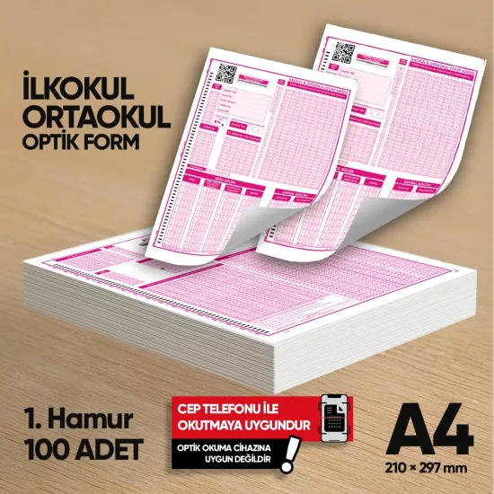 İlkokul-Ortaokul Deneme Sınavları İçin 100 Adet (80.GR) Optik Form