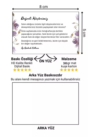 Müşteri Deneyimi ve Yorum Artırıcı Teşekkür Kartı 300 adet 8 cmx5 cm Yüksek Kaliteli 300 gr Kuşe