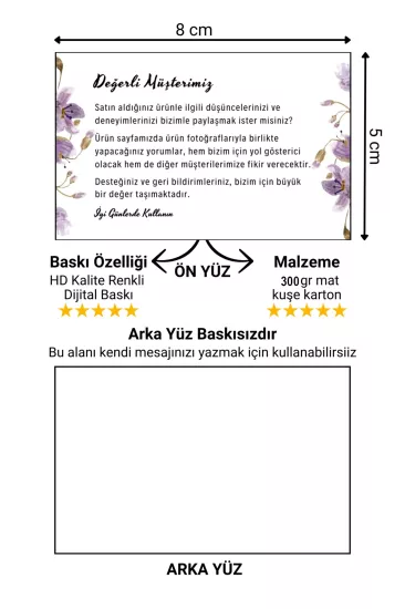 Müşteri Deneyimi ve Yorum İçin Teşekkür Kartı 100 adet 8 cmx5 cm Yüksek Kaliteli 300 gr Mat Kuşe
