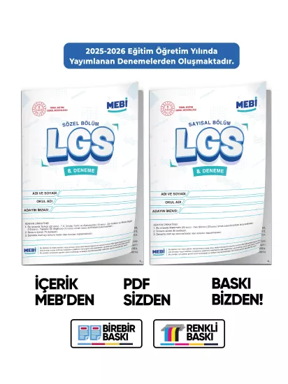 2026 LGS 8.Sınıf MEBİ ONLİNE Türkiye Geneli 8. Deneme (Sayısal–Sözel) Büyük Boy Renkli BASKI ÜCRETİ