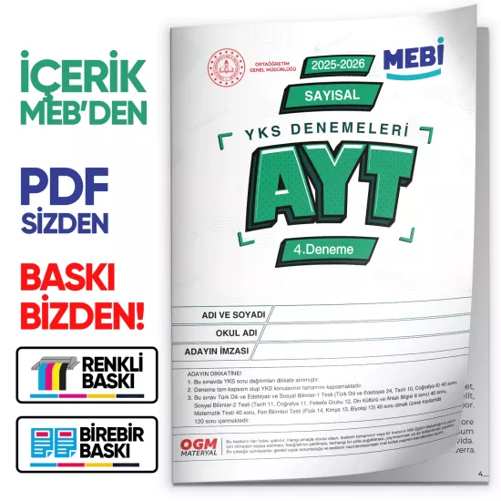 2026 YKS-AYT SAYISAL MEBİ ONLİNE Türkiye Geneli 4. Deneme  Büyük Boy RENKLİ BASKI ÜCRETİ