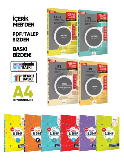 2027 LGS 8.Sınıf 4lü Çıkmış MEB Örnek Sorular ve 6lı Modül ÖDM SET Çalışma Kitabı A4 RENKLİ Baskı