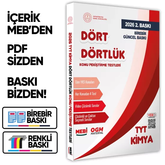 2026 YKS-TYT MEBİ-OGM Dört Dörtlük Kimya Pekiştirme Testi A4 Renkli Soru Bankası BASKI ÜCRETİ
