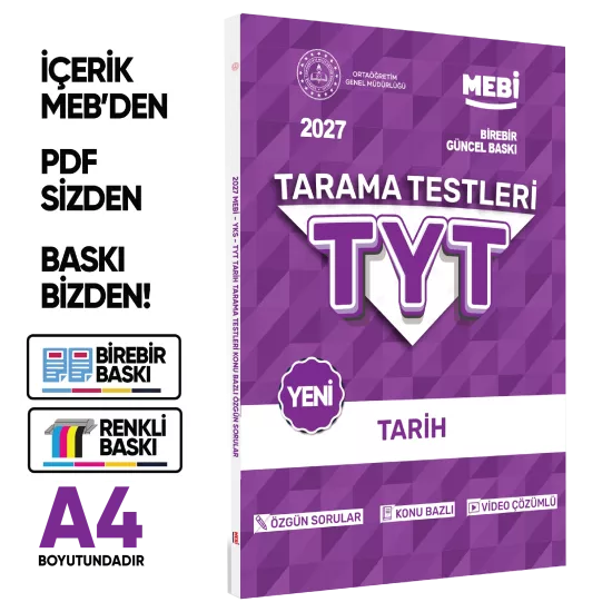 2027 YKS-TYT MEBİ-OGM Tarih Özgün Tarama Testleri Kitabı A4 Boyut Renkli Görsel BASKI ÜCRETİ