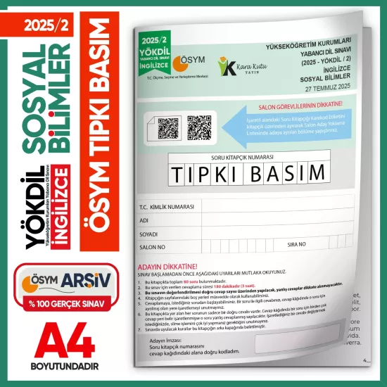2025/2 YÖKDİL İngilizce SOSYAL Bilimler ÖSYM Çıkmış Soru Tıpkı Basım Deneme Kitapçığı Türkiye Geneli