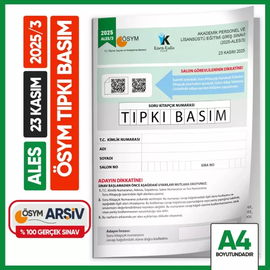 ALES 2025/3 ÖSYM Tıpkı Basım Çıkmış Soru Deneme Kitapçığı Video/PDF Çözümlü Türkiye Geneli