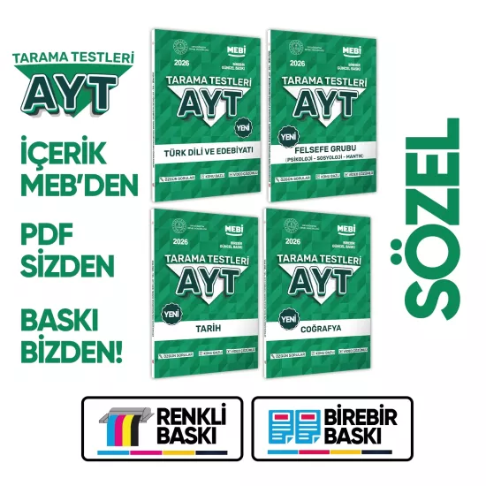 2026 YKS-AYT MEBİ-OGM 4lü Özgün Tarama Sözel (SÖZ) Test Kitabı SETİ A4 Boyut BASKI ÜCRETİ