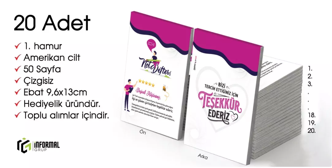 En güzel Hediye İnformal 20 Adet Çizgisiz Mini Not Defteri 9x13 cm 1.Hamur Amerikan Cilt 50 Sayfa