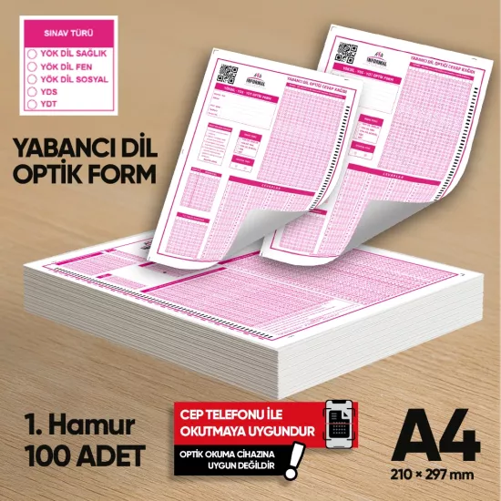 Yabancı Dil (YÖKDİL, YDS ve YDT) Deneme Sınavları İçin 100 Adet (80.GR) Optik Form 