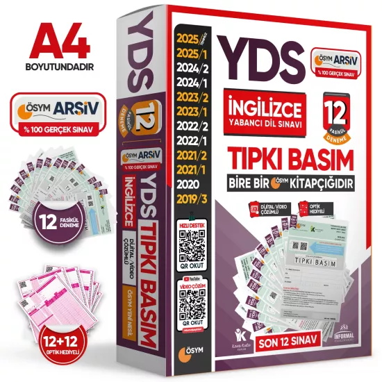2025 YDS İngilizce ÖSYM Tıpkı Basım Çıkmış Soru 12li Deneme Paketi Video/PDF Çözümlü Türkiye Geneli