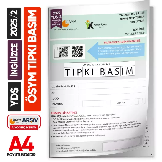 YDS İngilizce 2025/2 TEMMUZ Yabancı Dil Sınavı ÖSYM Tıpkı Basım Çıkmış Soru Deneme Kitapçığı