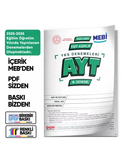 2026 YKS-AYT EŞİT AĞIRLIK MEBİ ONLİNE Türkiye Geneli 8. Deneme Büyük Boy Renkli BASKI ÜCRETİ