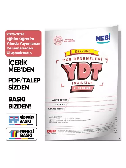 2026 YKS-YDT İNGİLİZCE MEBİ ONLİNE OGM Türkiye Geneli 11. Deneme Büyük Boy Renkli BASKI ÜCRETİ