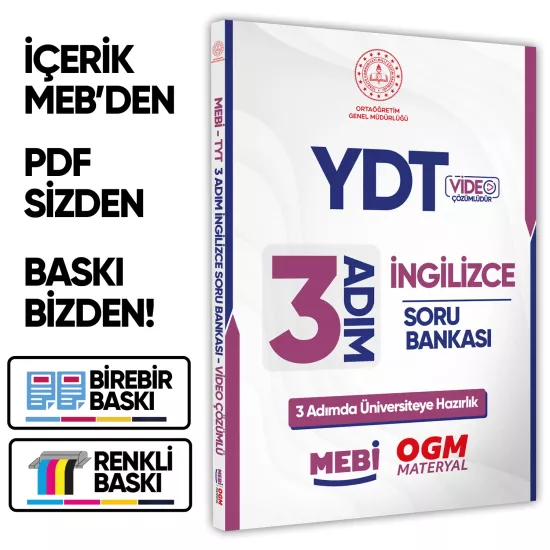 2026 YDT MEBİ-OGM 3 ADIM İngilizce Soru Bankası RENKLİ A4 Boyut Video Çözüm BASKI ÜCRETİ