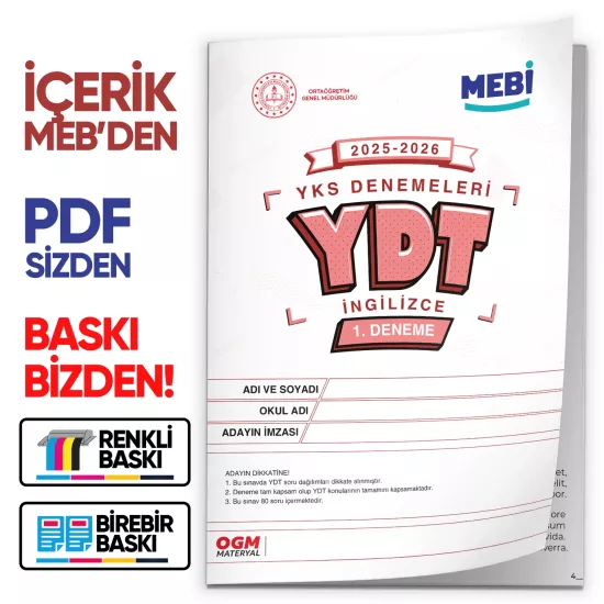 2026 YKS-YDT İNGİLİZCE MEBİ ONLİNE OGM Türkiye Geneli 1. Deneme  Büyük Boy Renkli BASKI ÜCRETİ