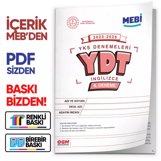 2026 YKS-YDT İNGİLİZCE MEBİ ONLİNE OGM Türkiye Geneli 4. Deneme  Büyük Boy Renkli BASKI ÜCRETİ