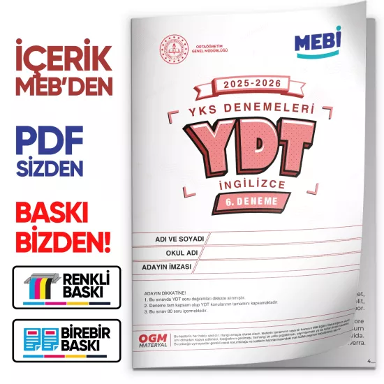 2026 YKS-YDT İNGİLİZCE MEBİ ONLİNE OGM Türkiye Geneli 6. Deneme  Büyük Boy Renkli BASKI ÜCRETİ