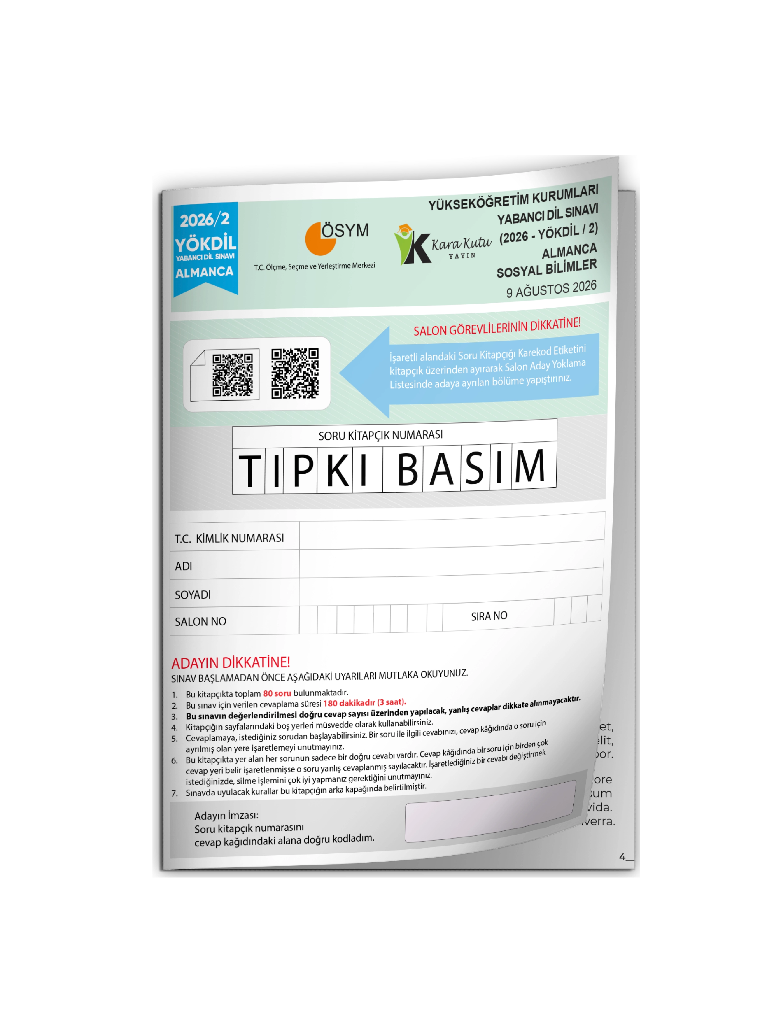 2026/2 YÖKDİL Almanca Sosyal Bilimler ÖSYM Çıkmış Soru Tıpkı Basım Deneme Kitapçığı Türkiye Geneli