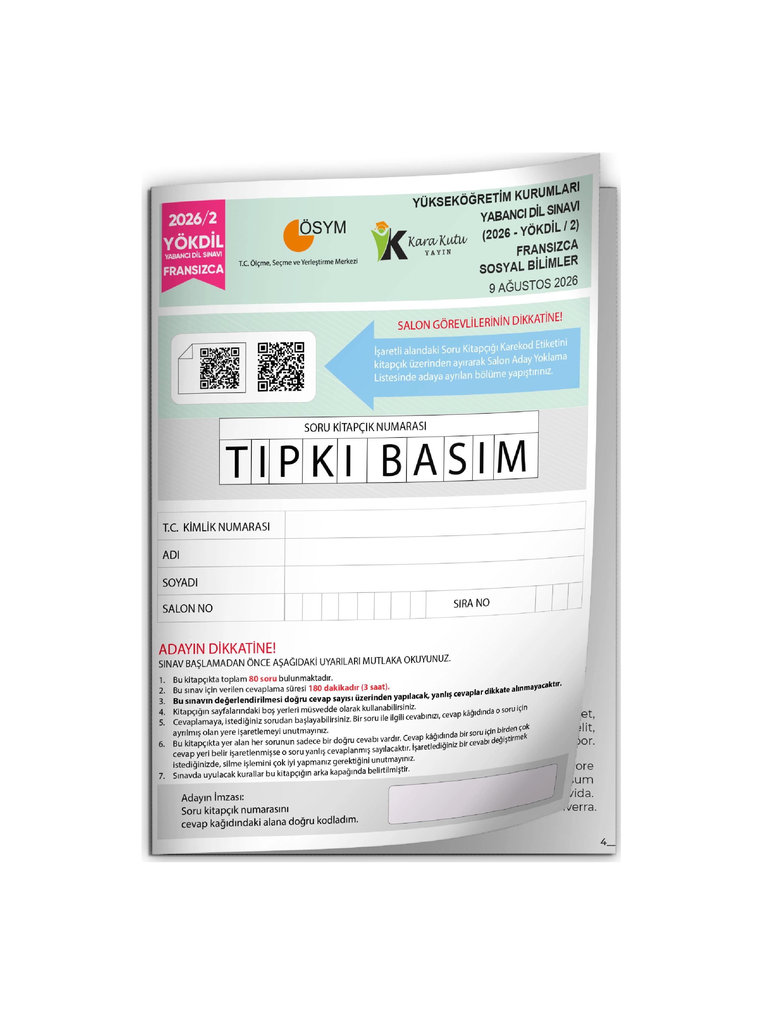 2026/2 YÖKDİL Fransızca SOSYAL Bilimler ÖSYM Çıkmış Soru Tıpkı Basım Deneme Kitapçığı Türkiye Geneli