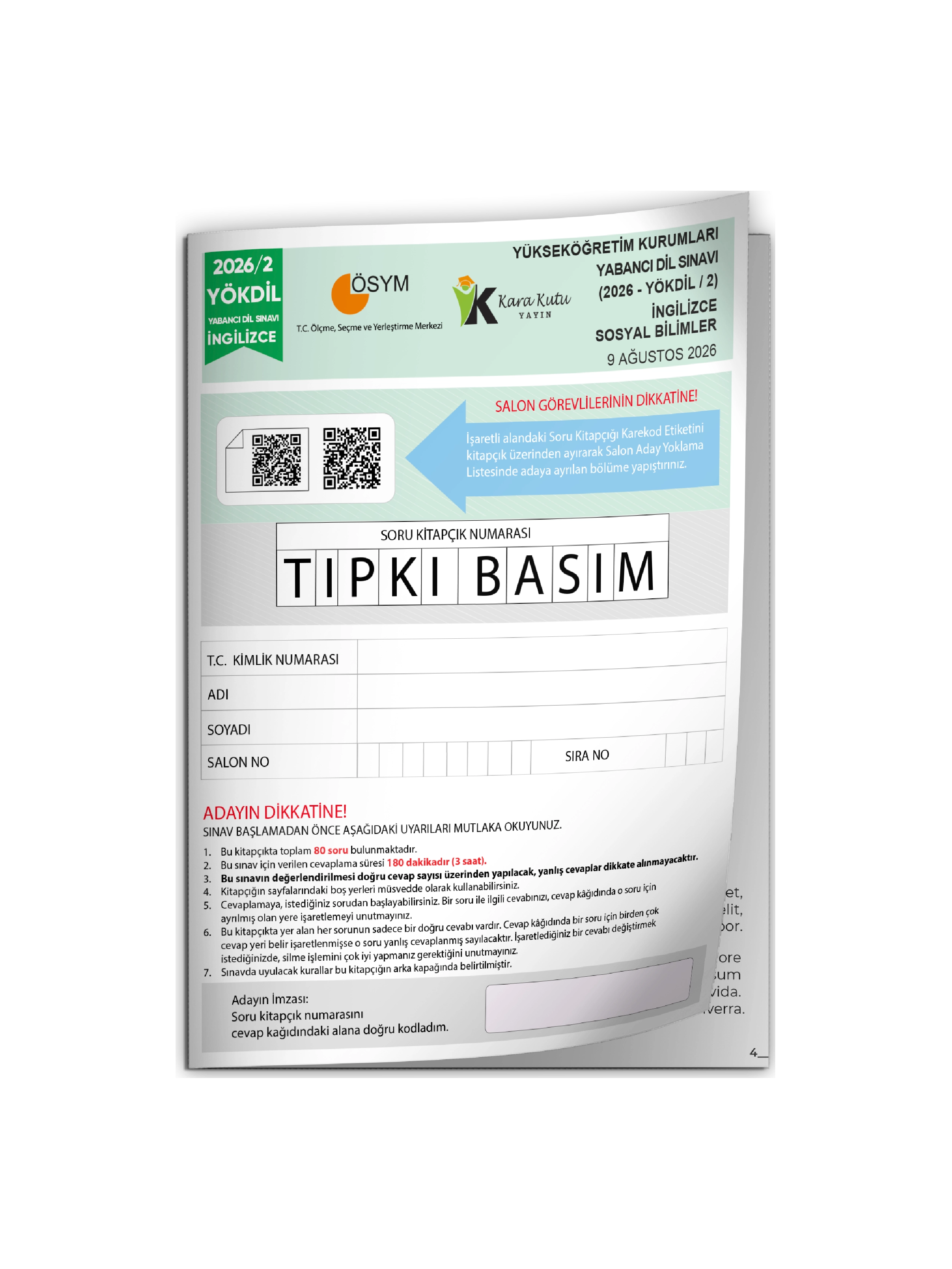 2026/2 YÖKDİL İngilizce SOSYAL BİLİMLER ÖSYM Çıkmış Soru Tıpkı Basım Deneme Kitapçığı Türkiye Geneli