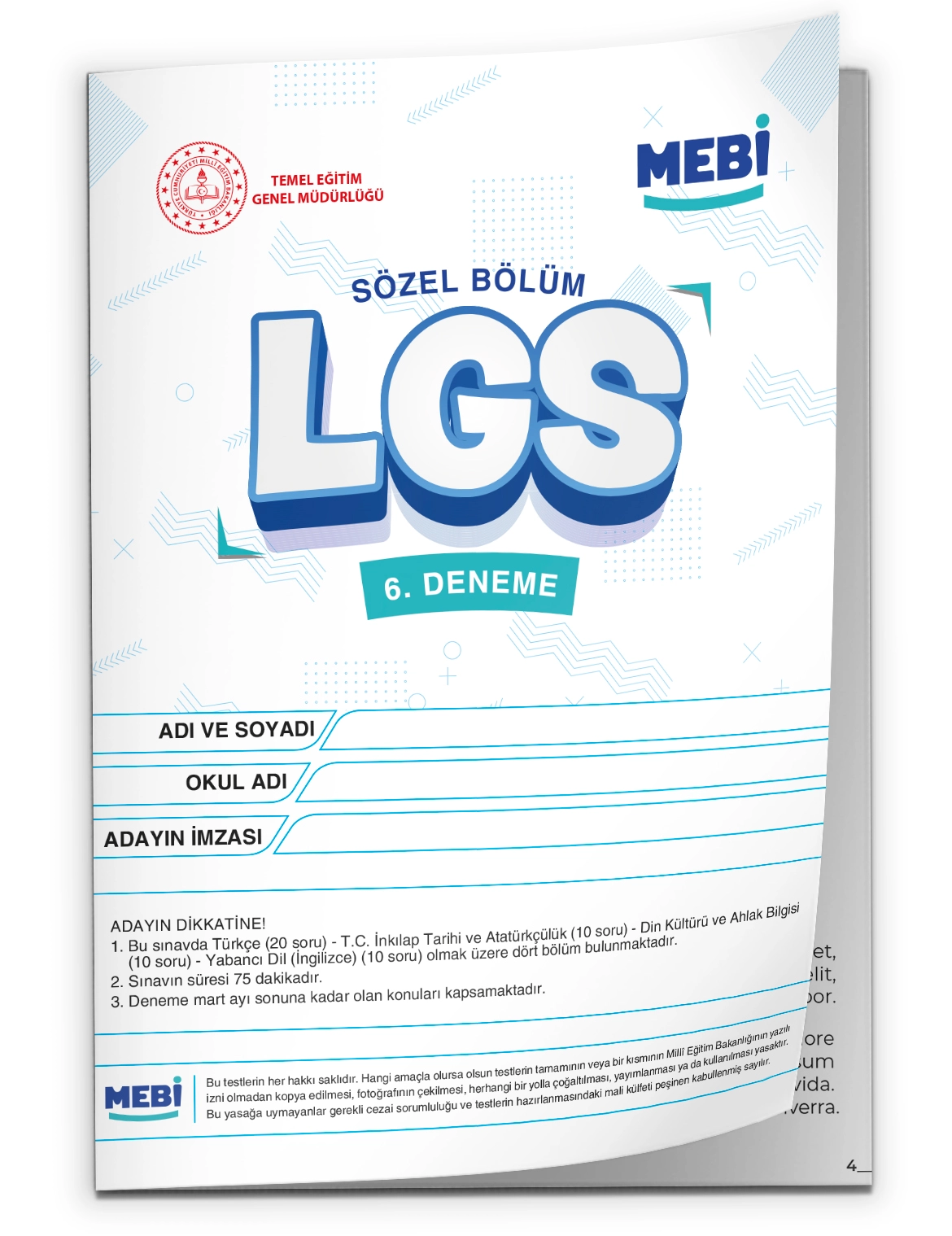 2026 LGS 8.Sınıf MEBİ ONLİNE Türkiye Geneli 6. Deneme (Sayısal–Sözel) Büyük Boy Renkli BASKI ÜCRETİ