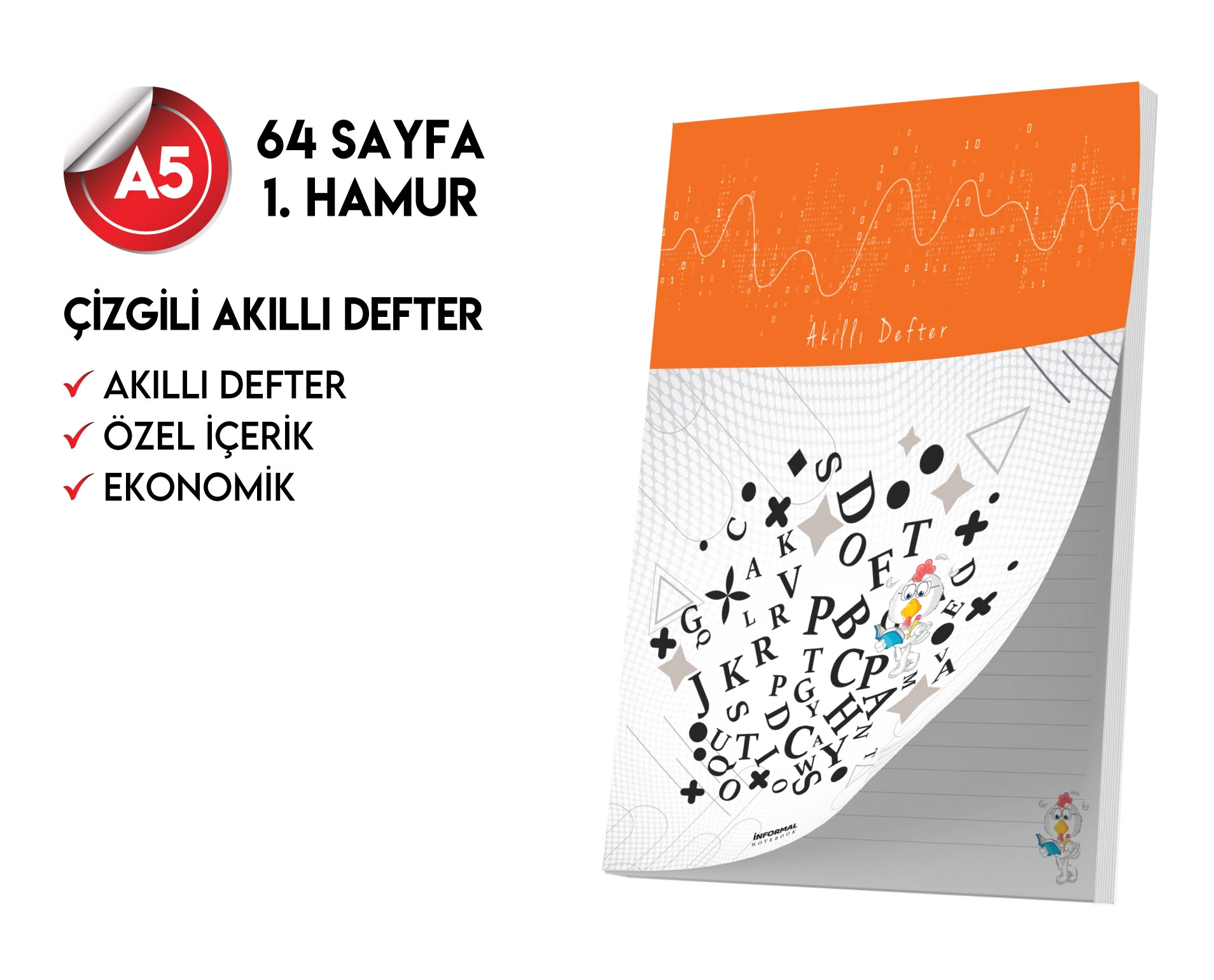 Çizgili Not Defteri 64 Sayfa Akıllı Defter Tekli A5 Tam Beyaz Tekli