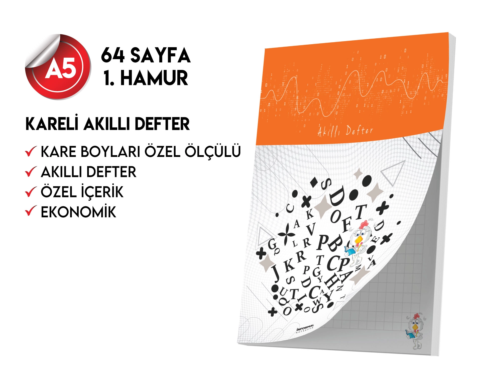 Kareli Not Defteri 64 Sayfa Akıllı Defter Tekli A5 Tam Beyaz Tekli