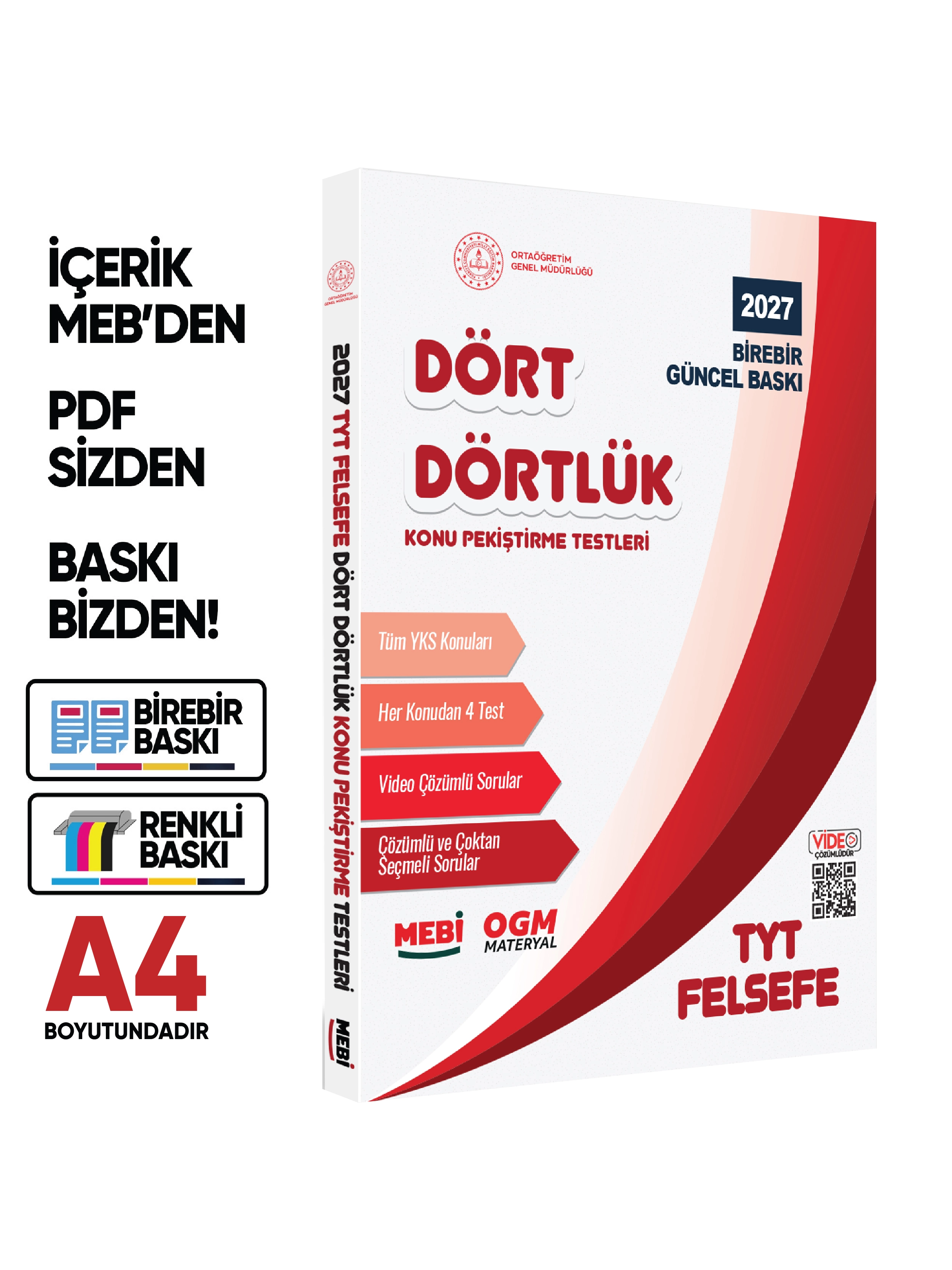 2027 YKS-TYT MEBİ-OGM Dört Dörtlük Pekiştirme Testi Soru Bankası Çözümlü Set BASKI ÜCRETİ A4 Renkli