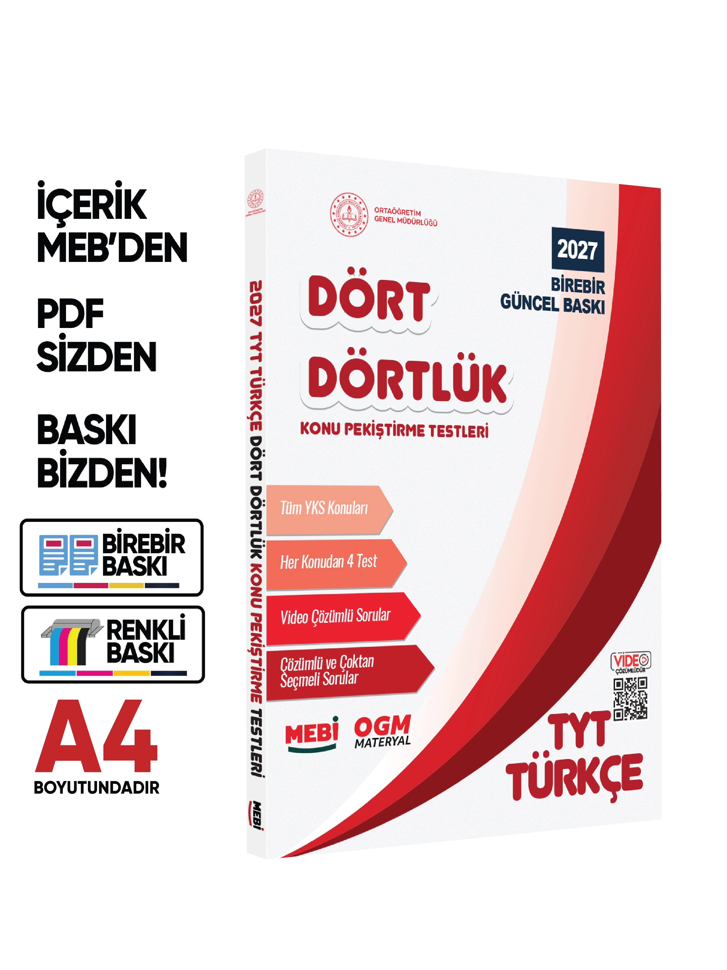 2027 YKS-TYT MEBİ-OGM Dört Dörtlük Pekiştirme Testi Soru Bankası Çözümlü Set BASKI ÜCRETİ A4 Renkli