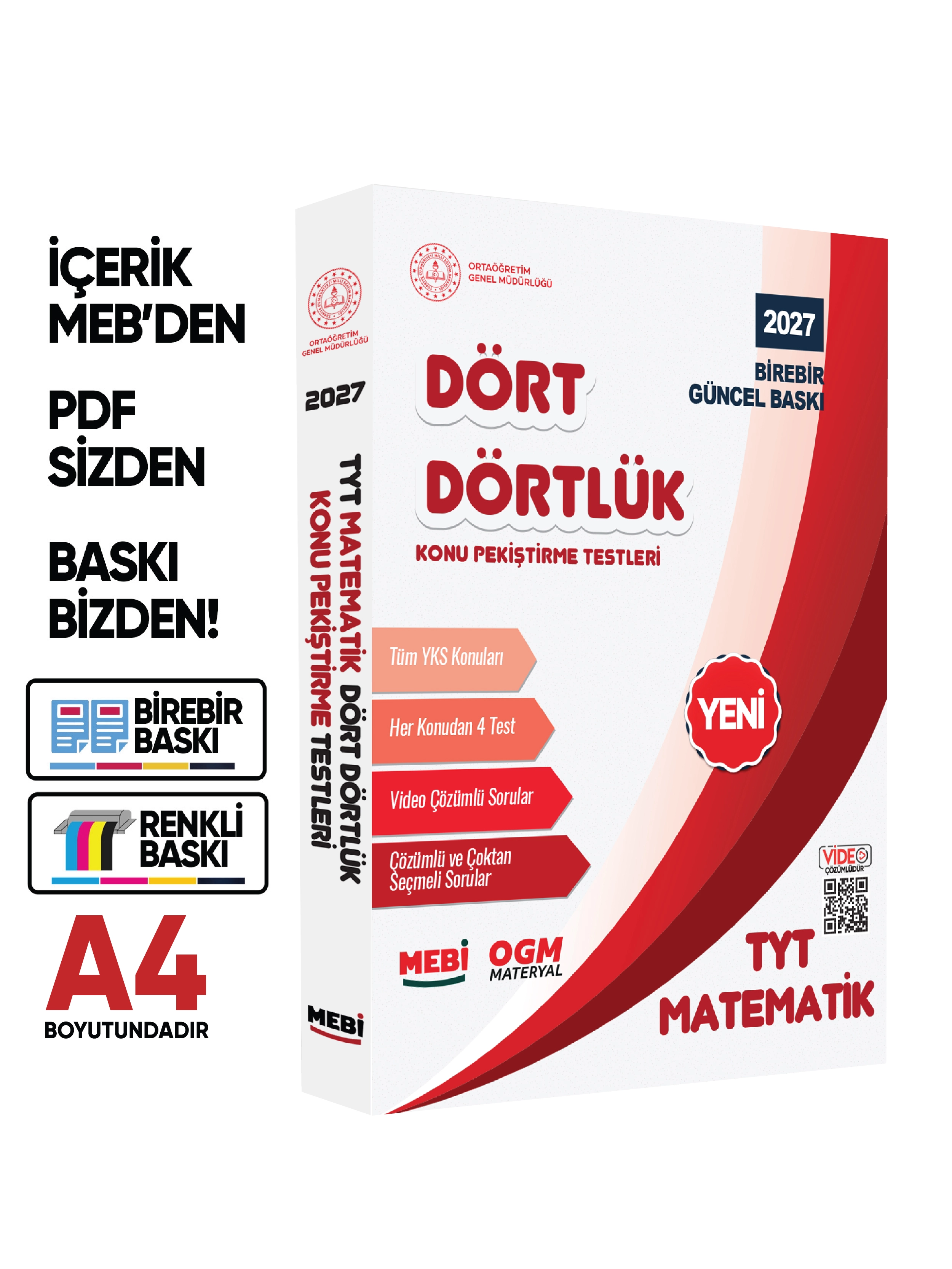 2027 YKS-TYT MEBİ-OGM Dört Dörtlük Pekiştirme Testi Soru Bankası Çözümlü Set BASKI ÜCRETİ A4 Renkli