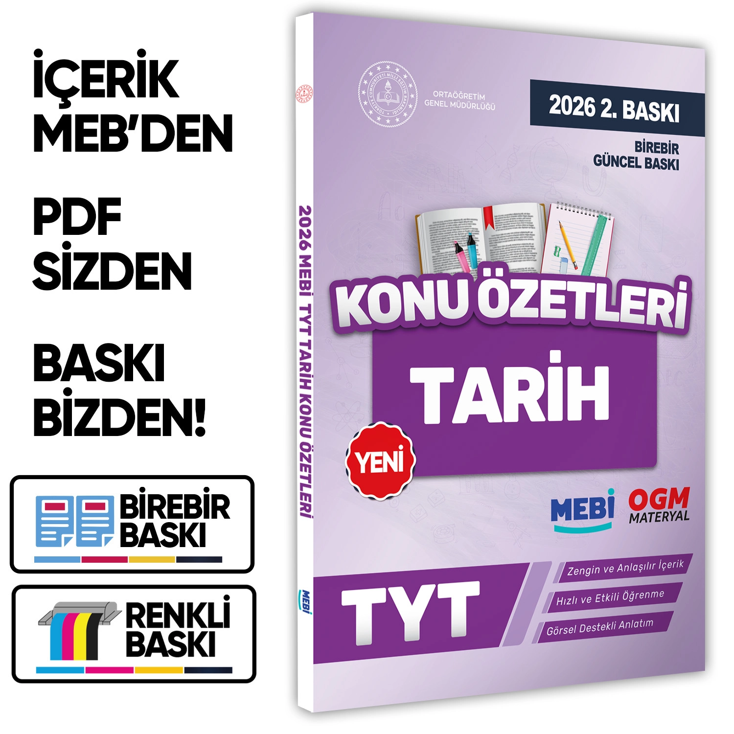 2026 YKS-TYT MEBİ-OGM Tarih Pratik Konu Özet Kitabı RENKLİ A4 Boyut Görsel Destekli BASKI ÜCRETİ