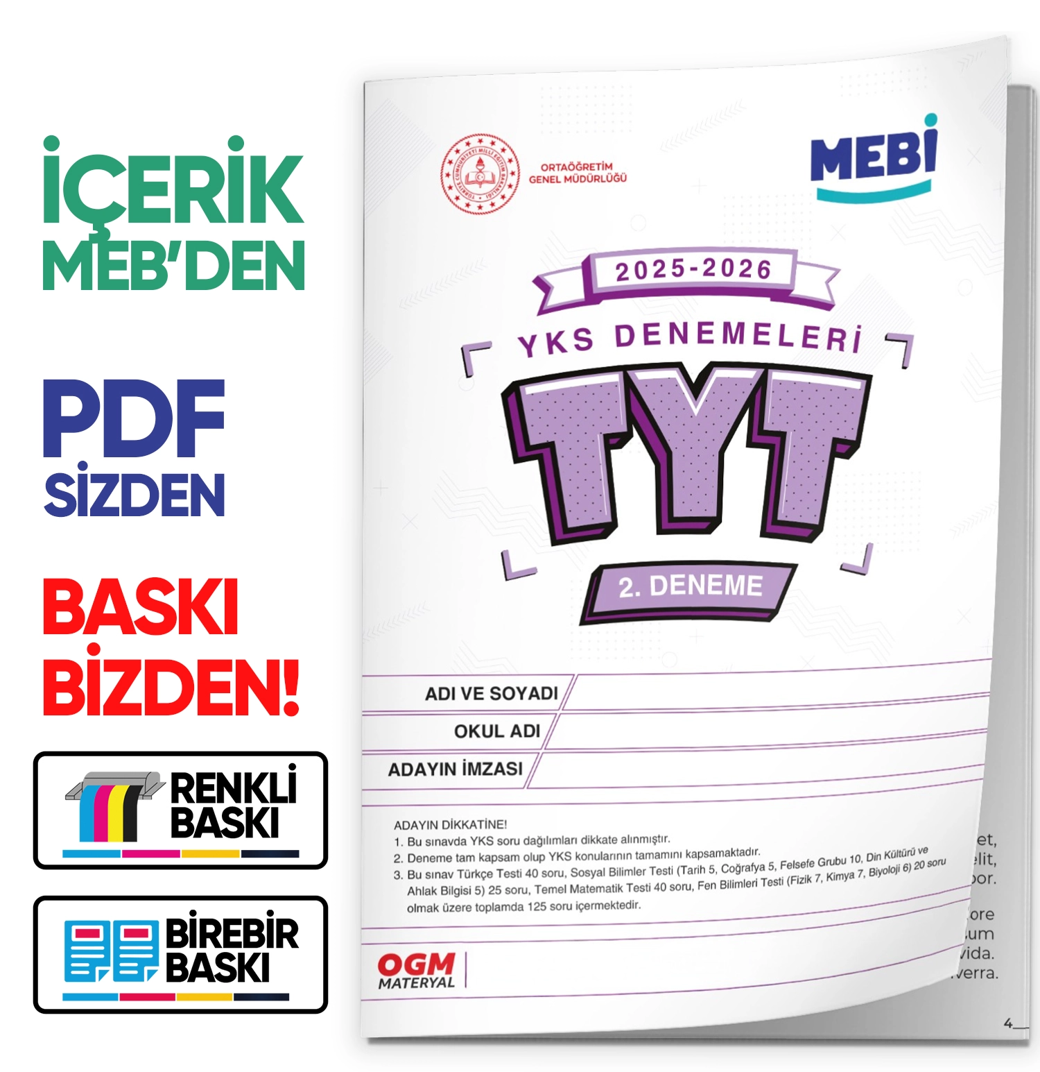 2026 YKS-TYT MEBİ ONLİNE Türkiye Geneli 2. Deneme  Büyük Boy Renkli BASKI ÜCRETİ