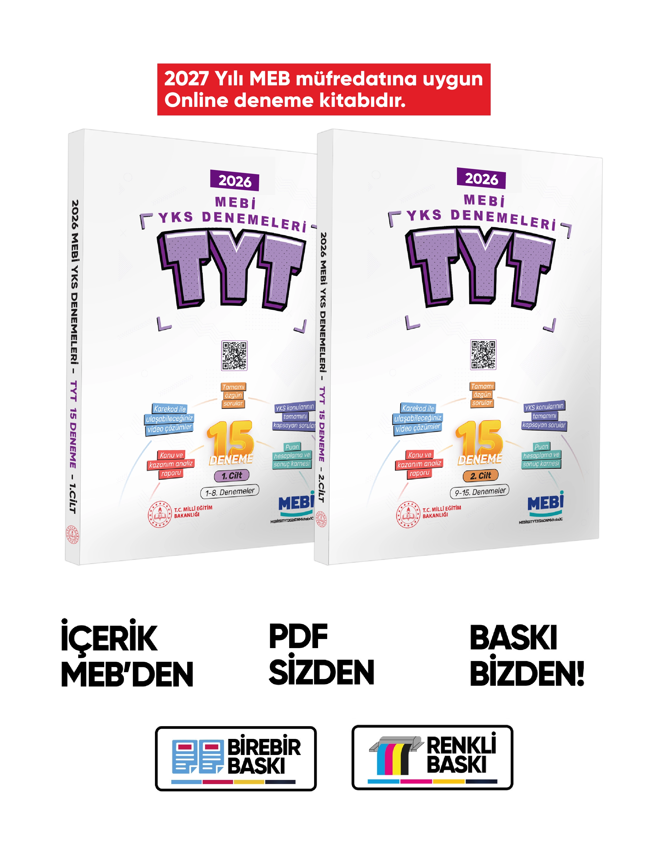 2027 MEBİ YKS-TYT 15li Deneme Kitabı Video Çözümlü 1. ve 2. Cilt Renkli BASKI ÜCRETİ