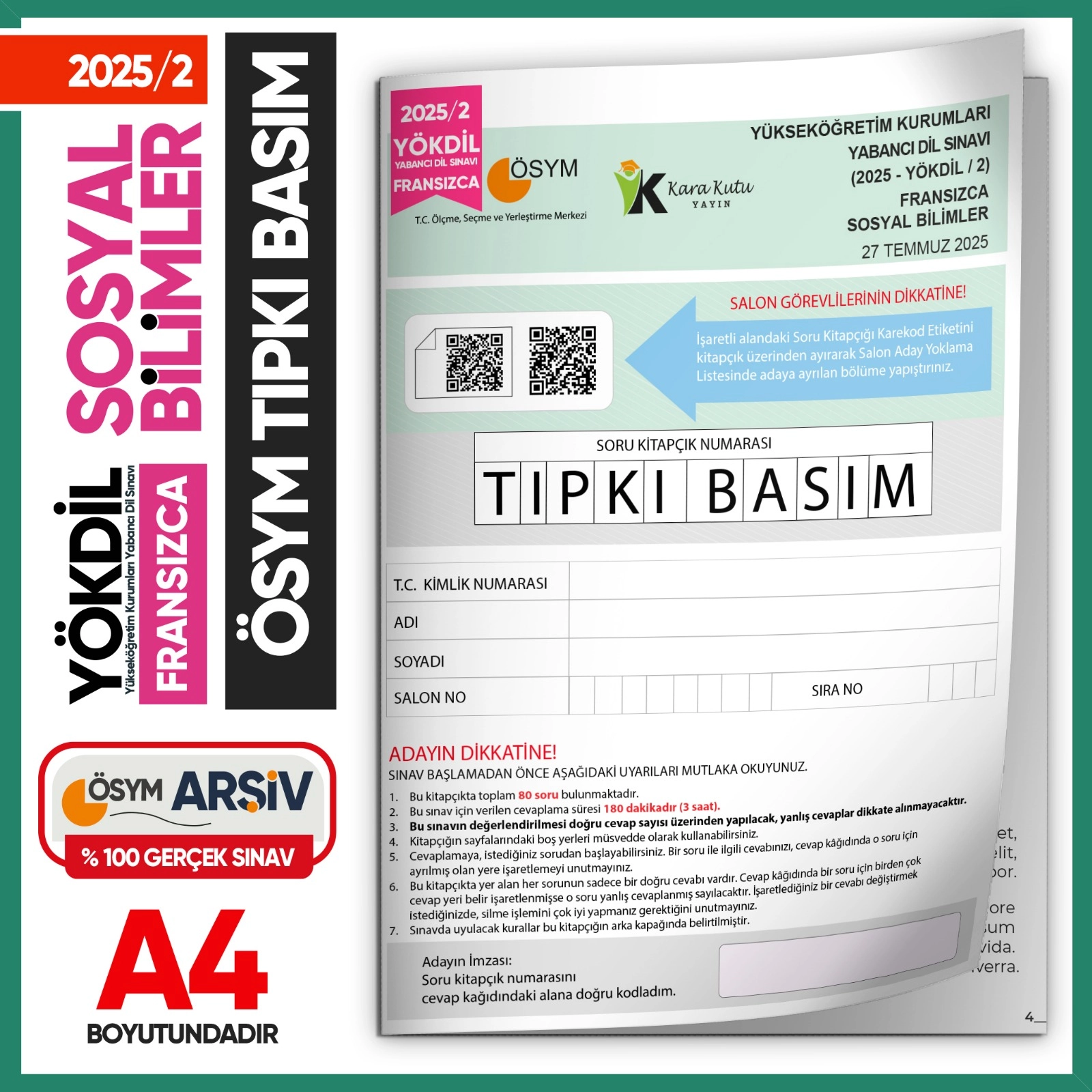 2025/2 YÖKDİL Fransızca SOSYAL Bilimler ÖSYM Çıkmış Soru Tıpkı Basım Deneme Kitapçığı Türkiye Geneli