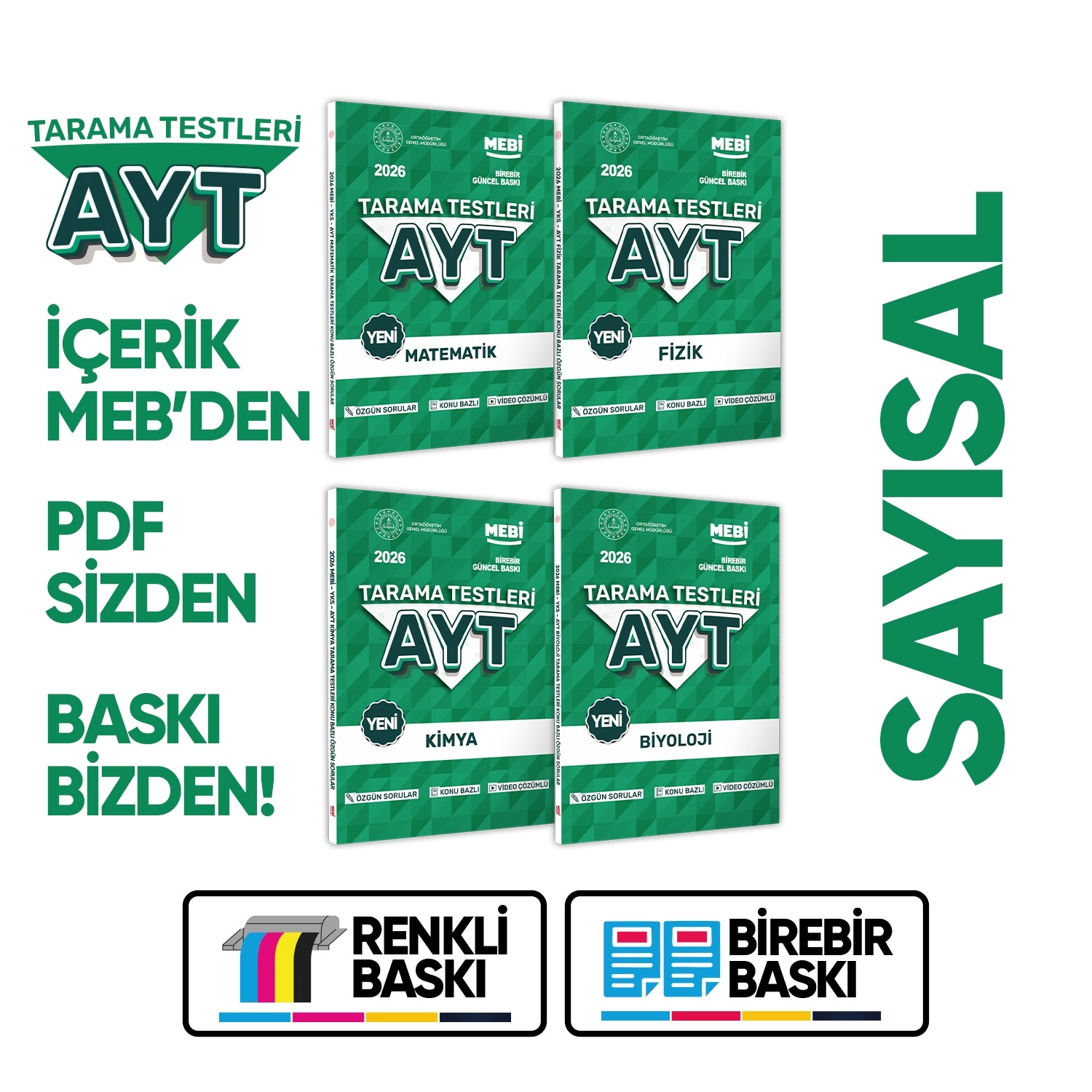 2026 YKS-AYT MEBİ-OGM 4lü Özgün Tarama Sayısal (SAY) Test Kitabı SETİ A4 Boyut BASKI ÜCRETİ